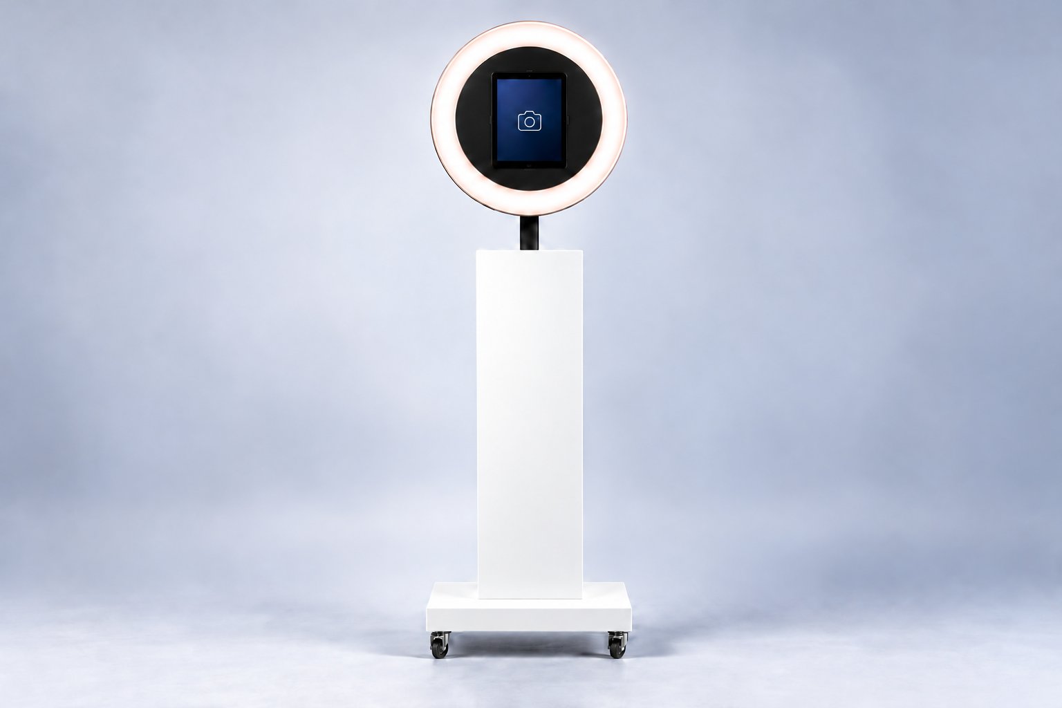 iPad ring light photo booth with white front panel and white base
